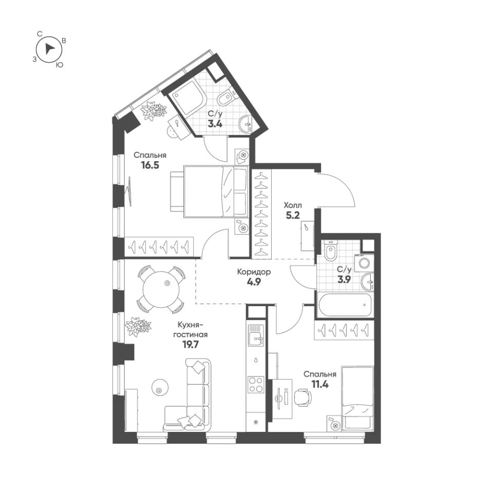 2-комн. 63,3 м²