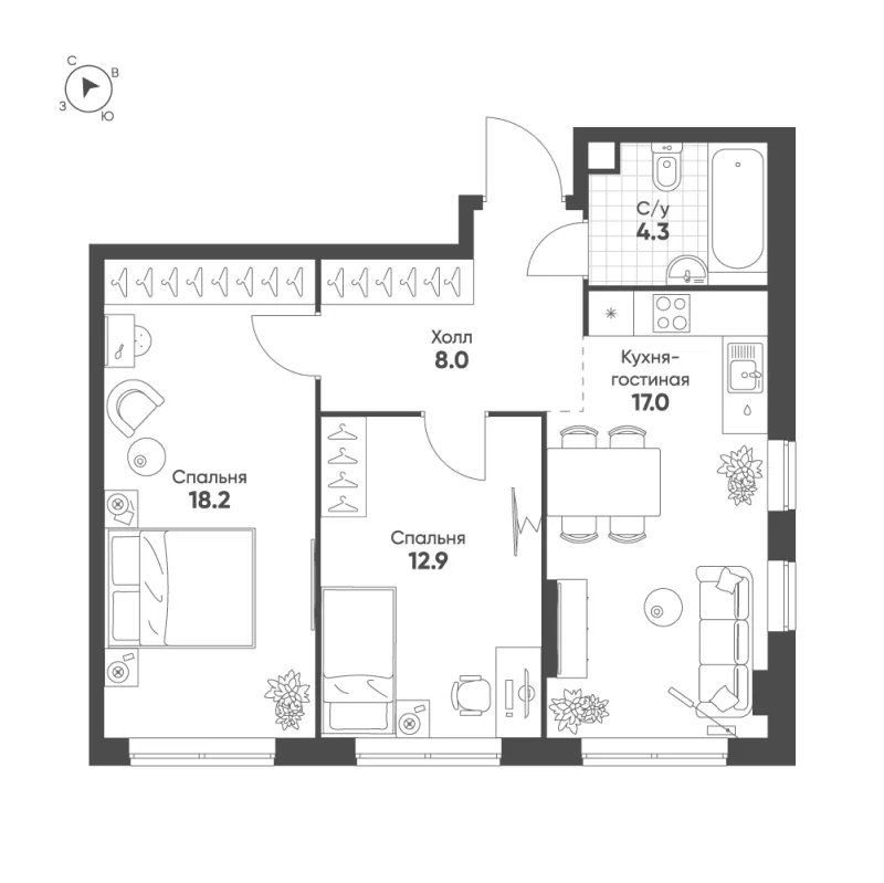 2-комн. 60.4 м²