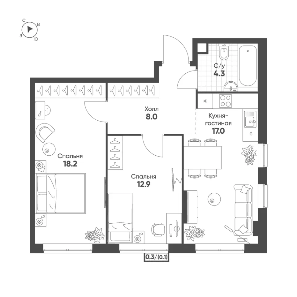 2-комн. 60,5 м²