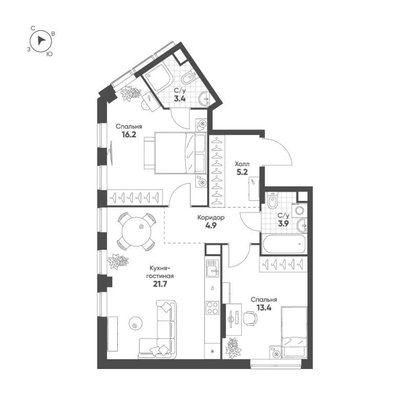 2-комн. 68.7 м²