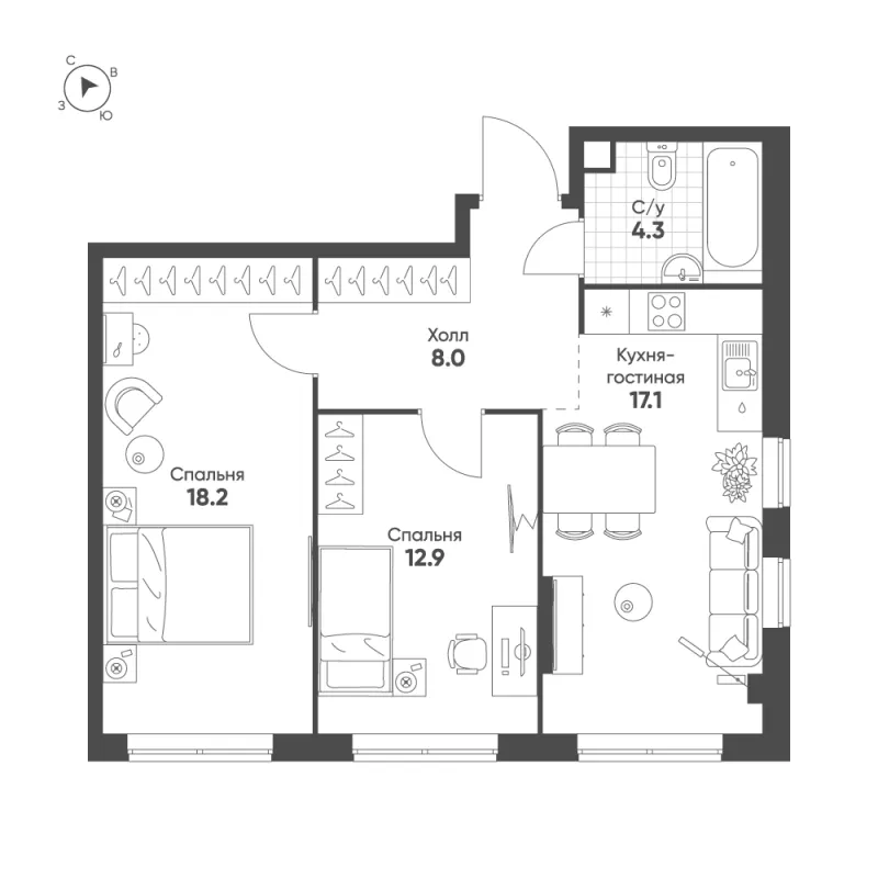 2-комн. 60.5 м²
