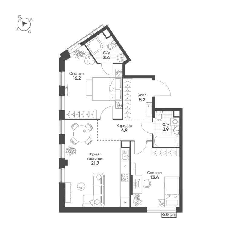 2-комн. 68.8 м²