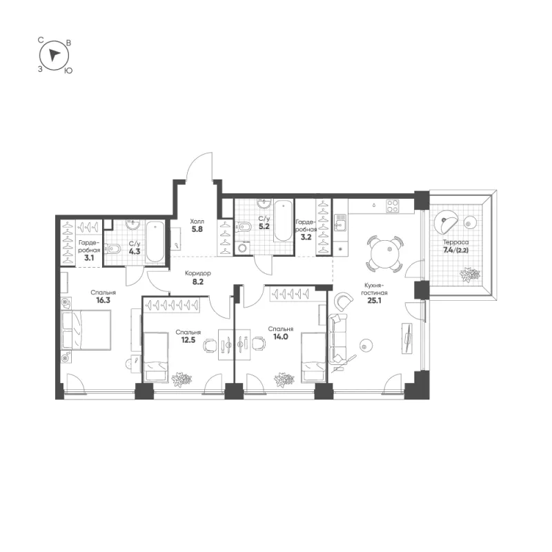 3-комн. 99.9 м²