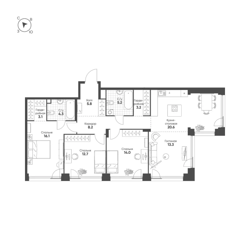 3-комн. 106.5 м²