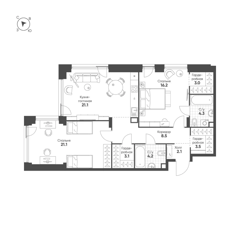 2-комн. 87,1 м²
