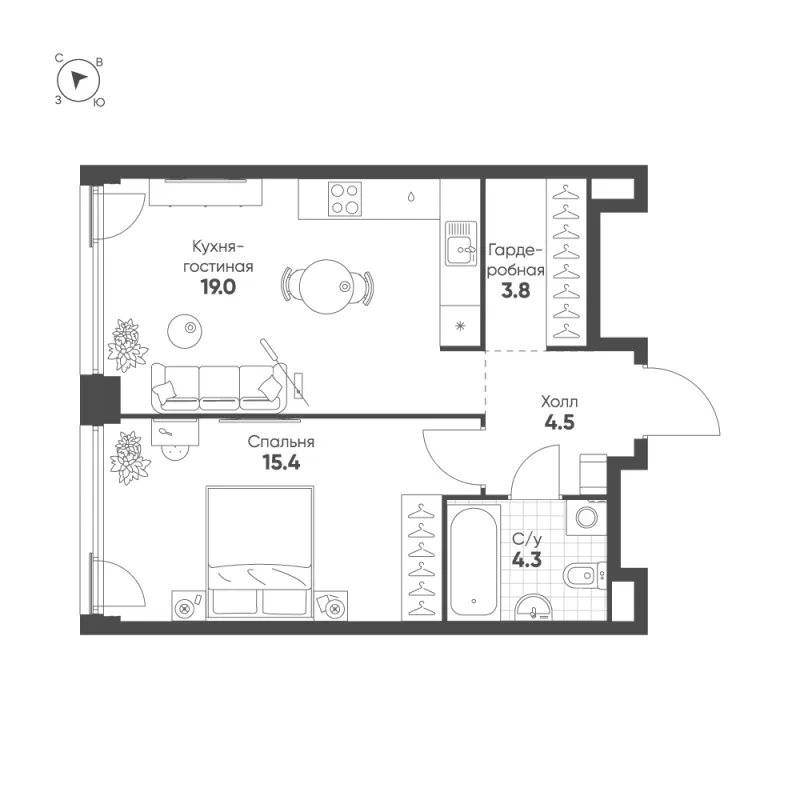 1-комн. 47 м²
