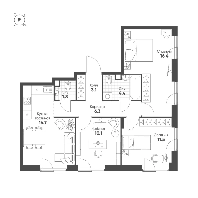 3-комн. 70.3 м²