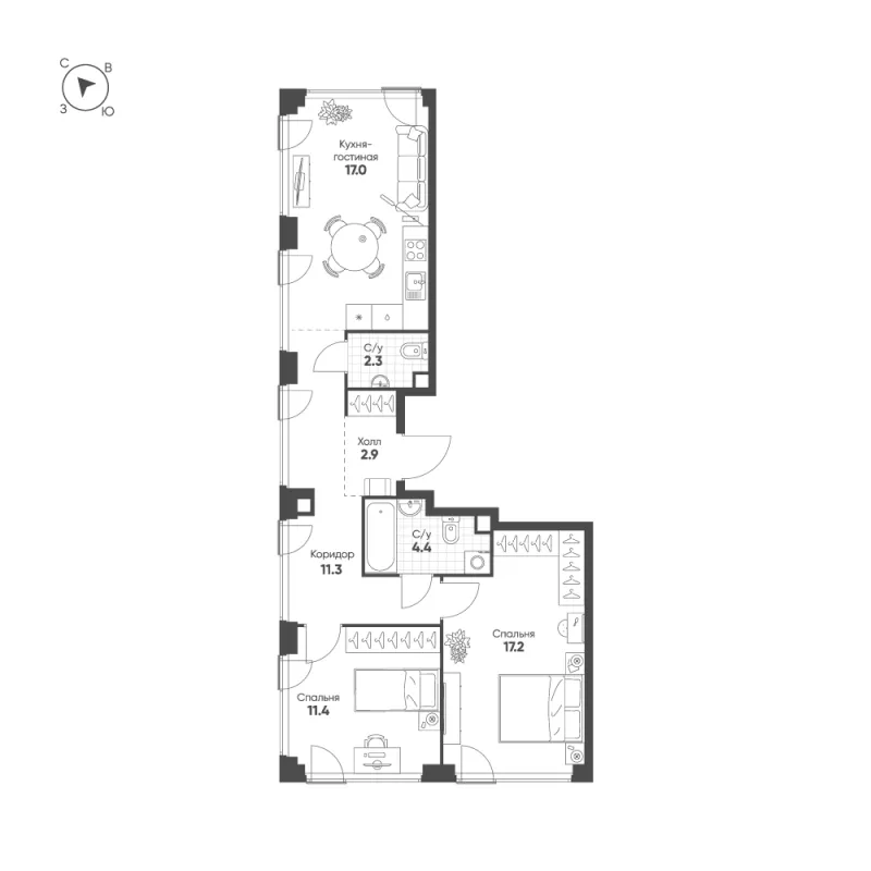 2-комн. 66.5 м²