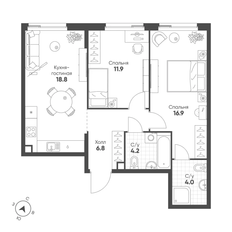 2-комн. 62.6 м²