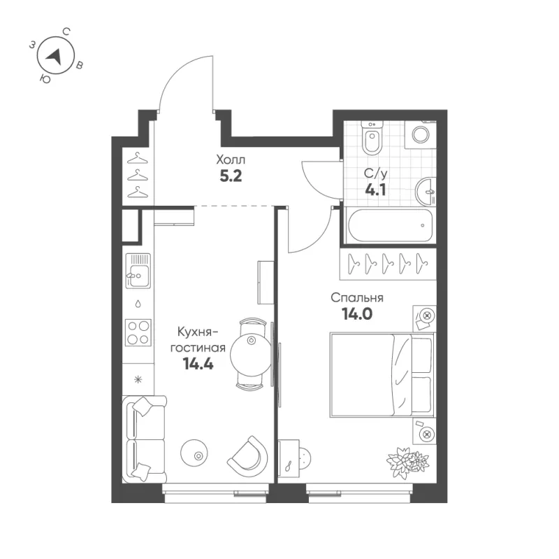 1-комн. 37.8 м²