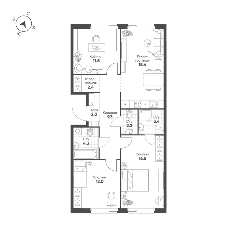 3-комн. 82 м²