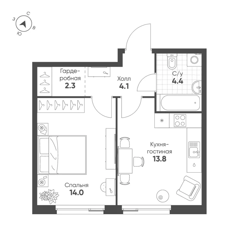 1-комн. 38.6 м²