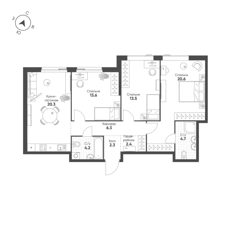 3-комн. 87.9 м²