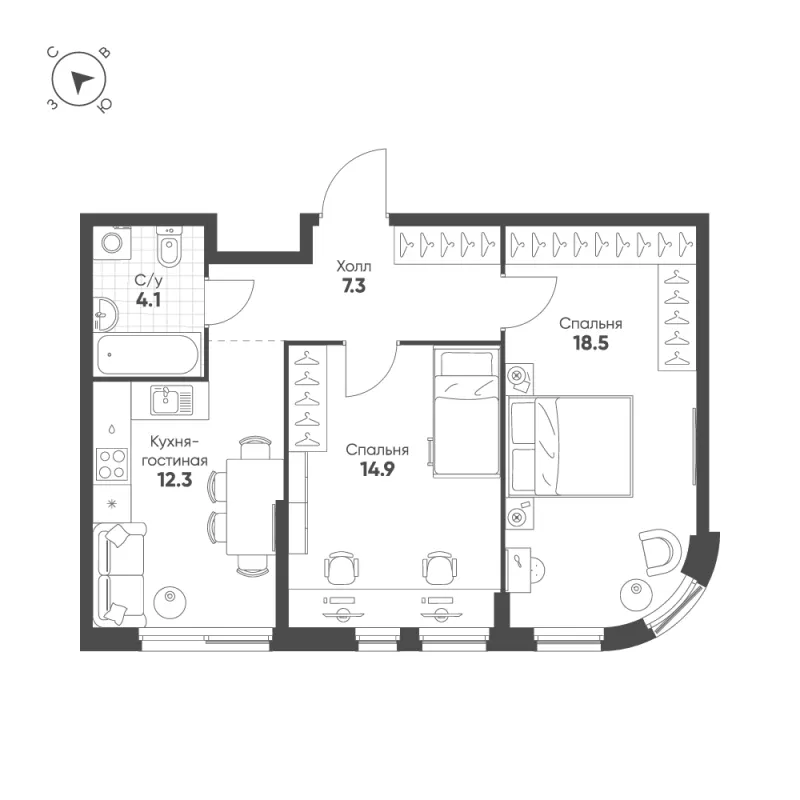 2-комн. 57.1 м²