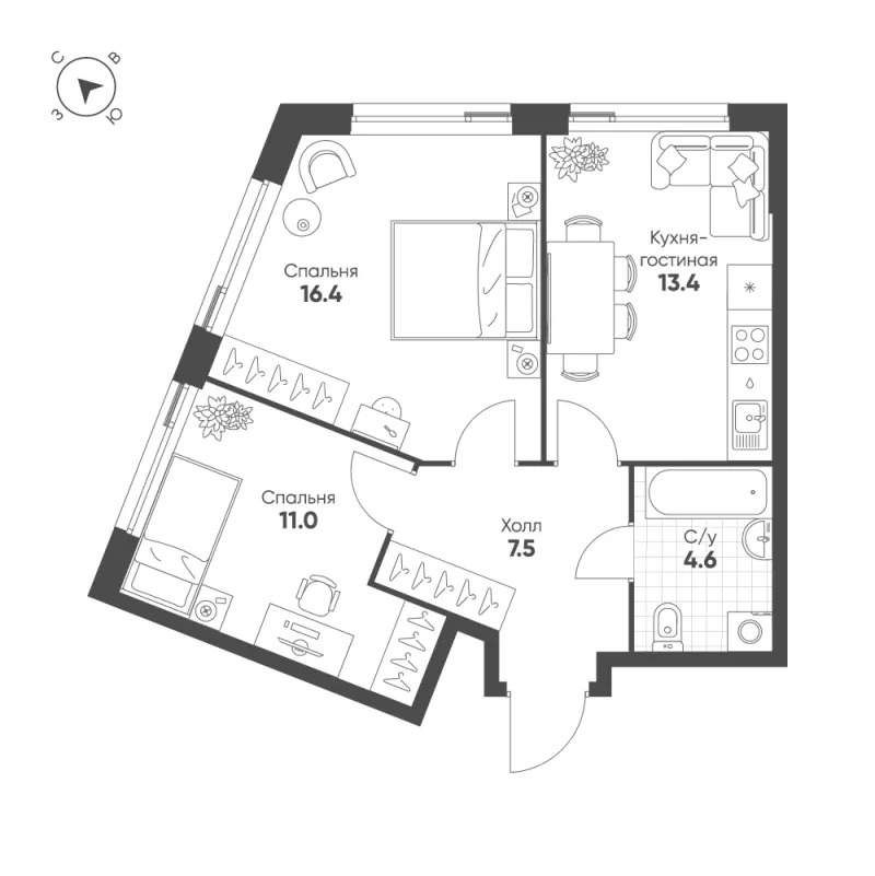 2-комн. 52.9 м²