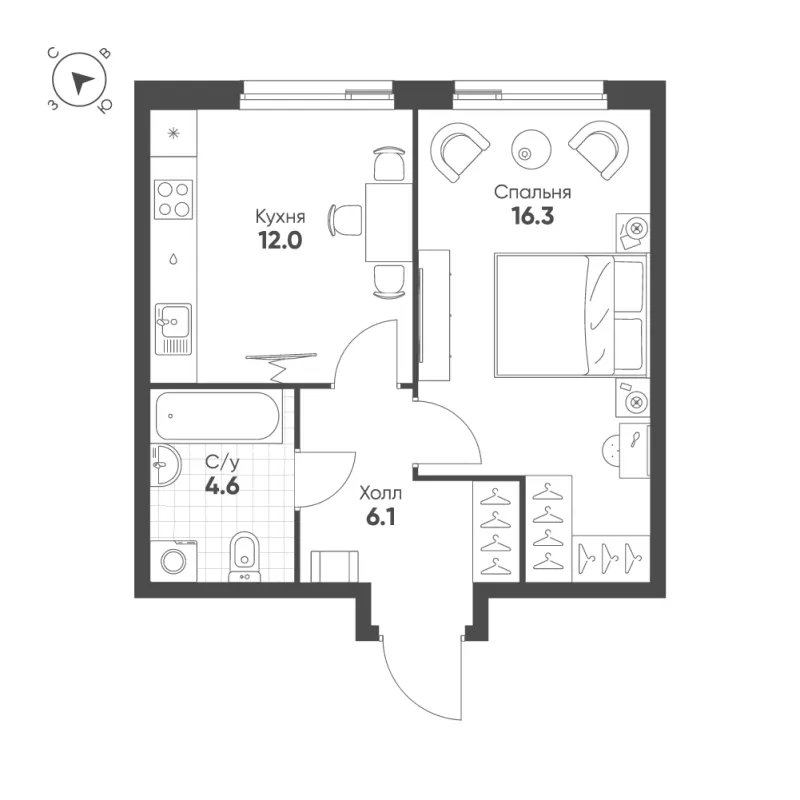 1-комн. 39 м²