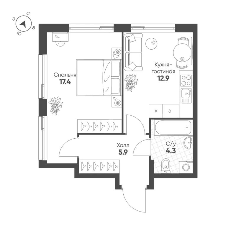 1-комн. 40.5 м²