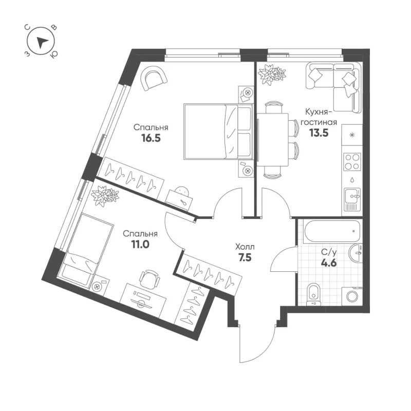 2-комн. 53.1 м²
