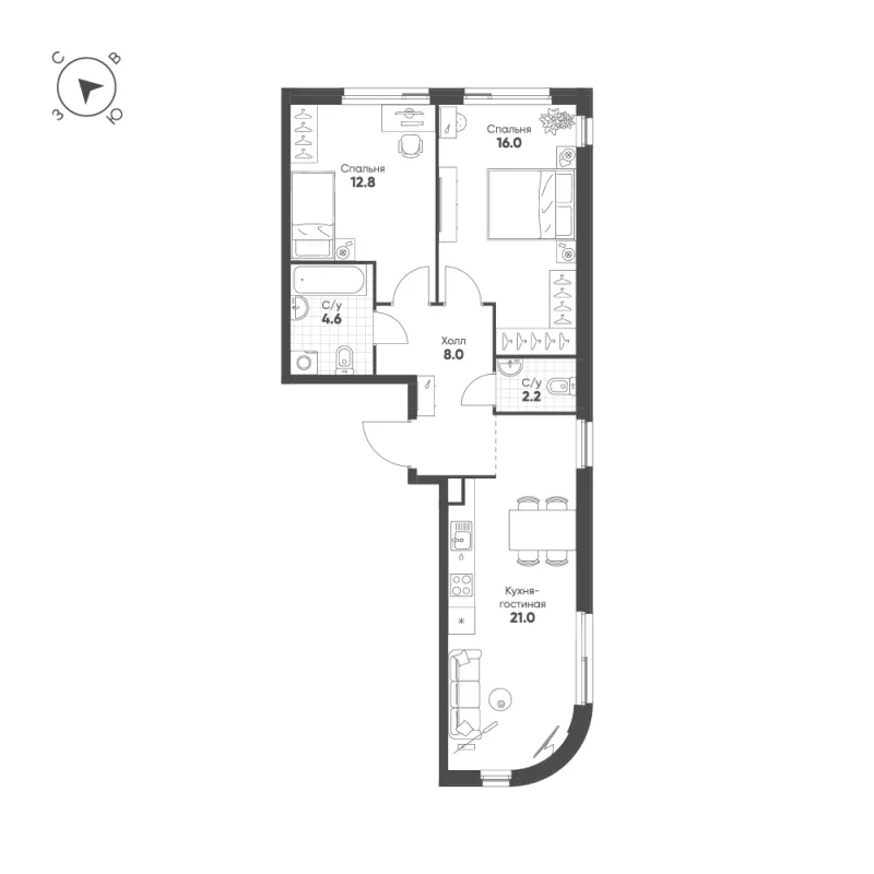 2-комн. 64.6 м²