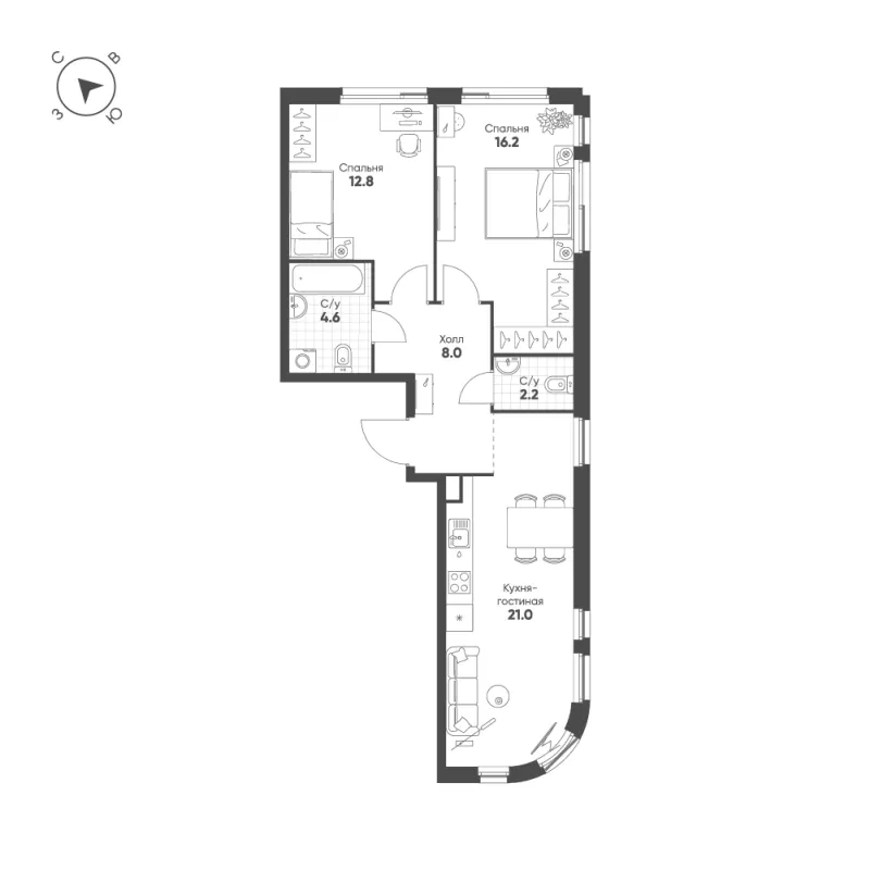 2-комн. 64.8 м²