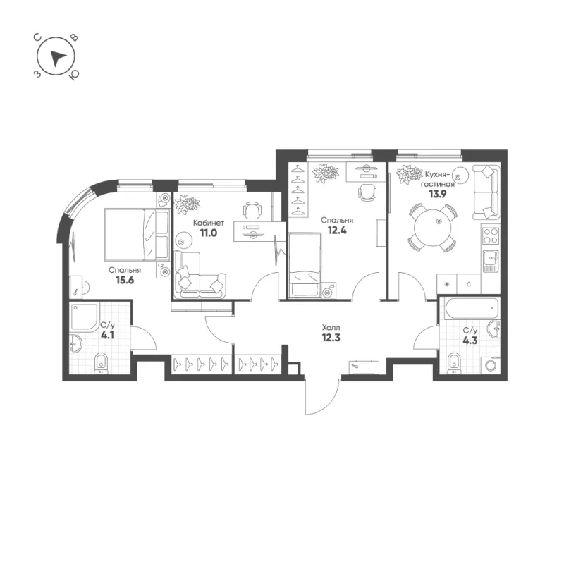 3-комн. 73.6 м²
