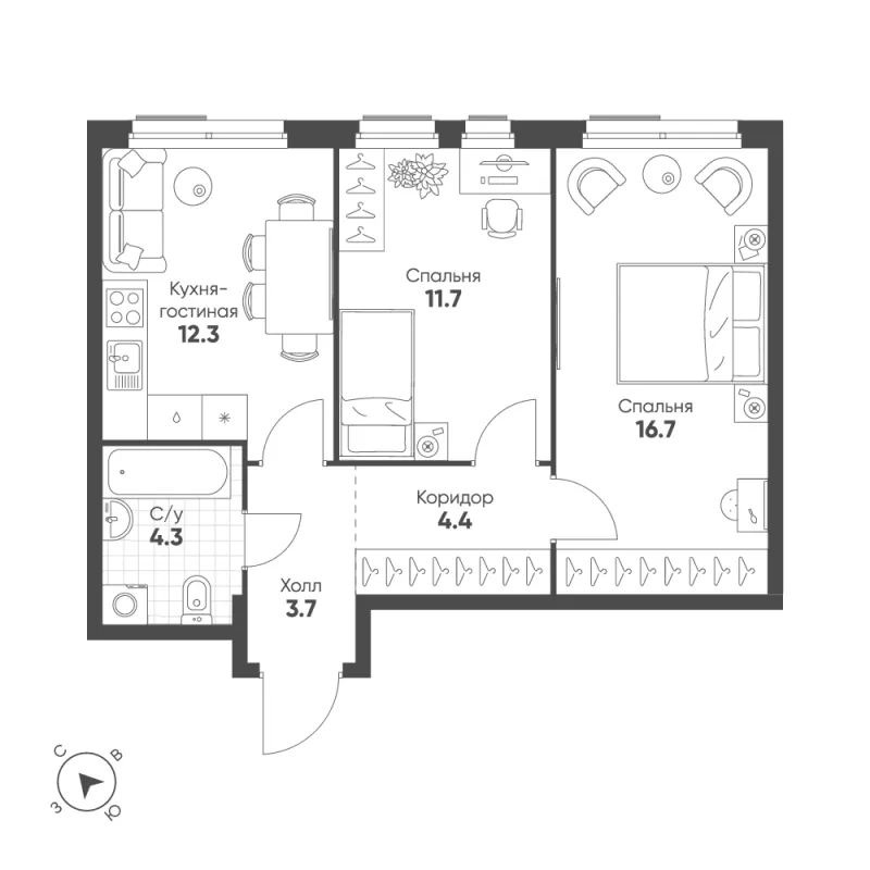 2-комн. 53.1 м²