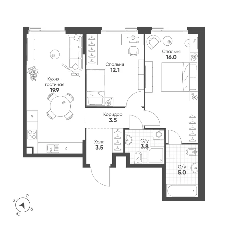 2-комн. 63.8 м²