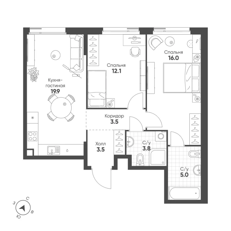 2-комн. 63.8 м²