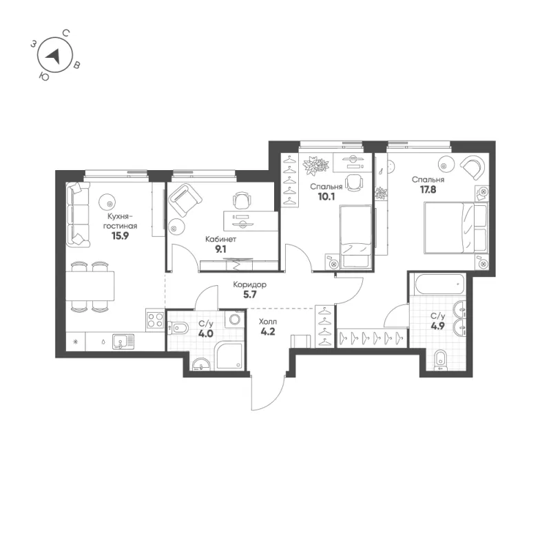 3-комн. 71.7 м²