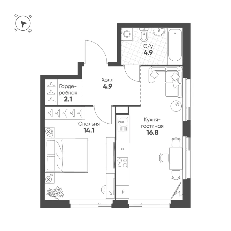 1-комн. 42.8 м²