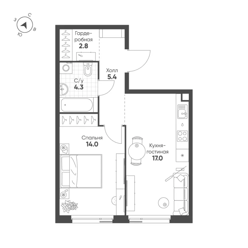 1-комн. 43.5 м²