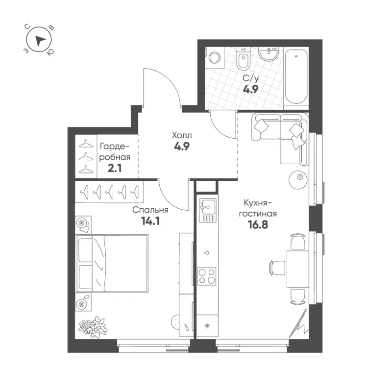 1-комн. 42.8 м²