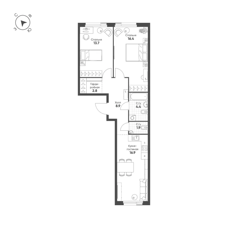 2-комн. 65 м²