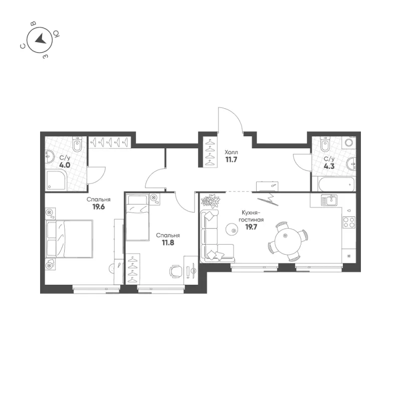 2-комн. 71.1 м²