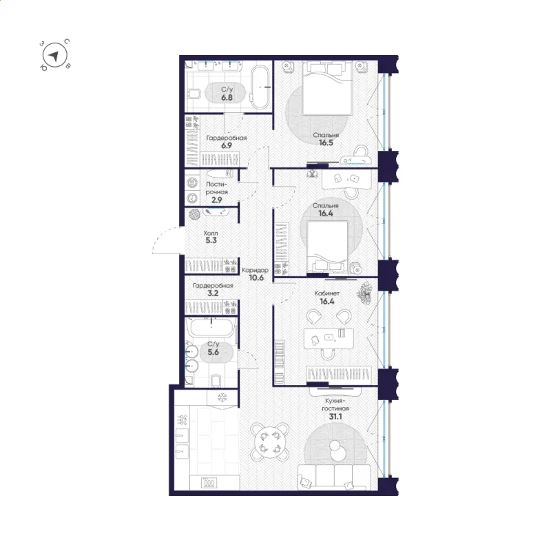 3-комн. 121.7 м²