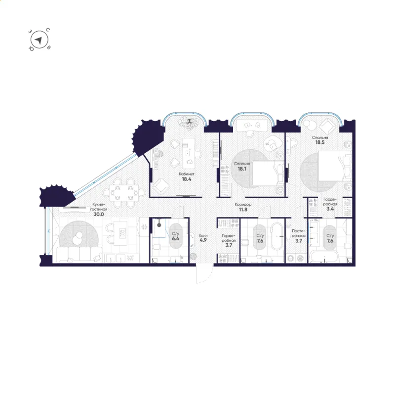 3-комн. 134.1 м²