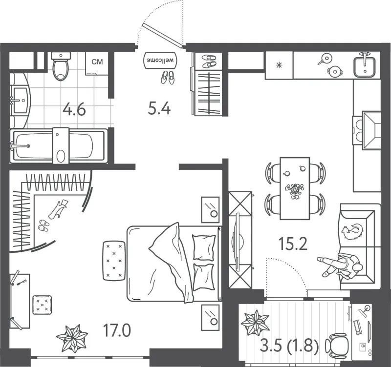 1-комн. 43.5 м²