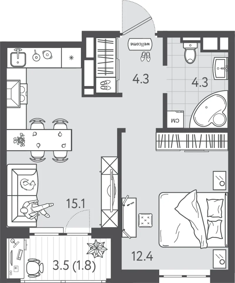 1-комн. 37.4 м²