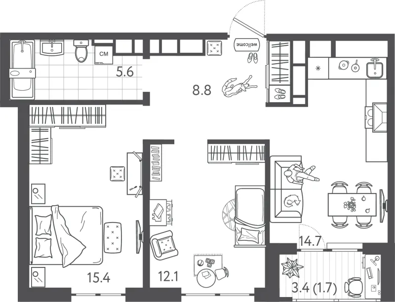 2-комн. 58.1 м²