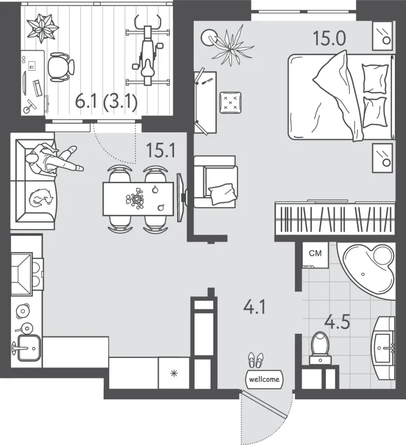 1-комн. 41.4 м²
