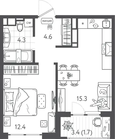 38,1 м² — планировка