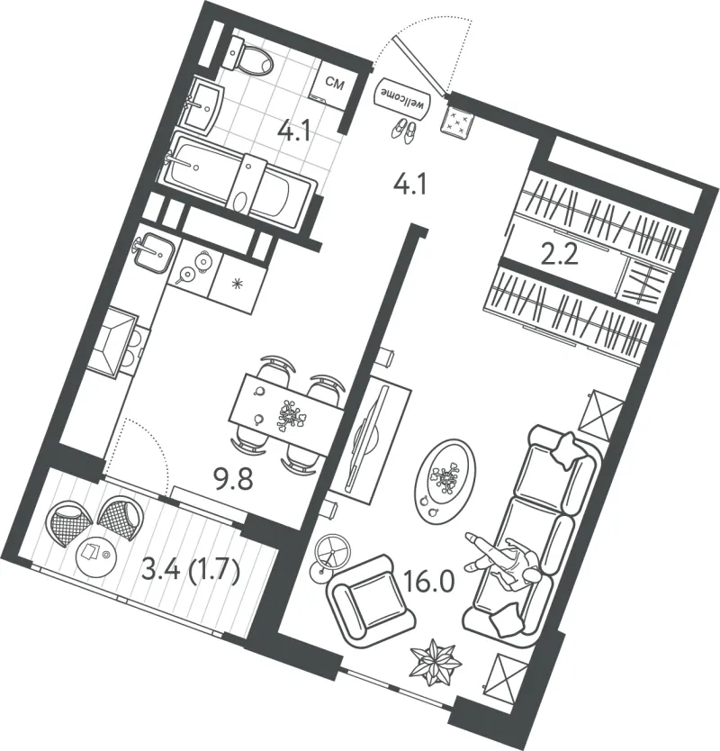 1-комн. 37 м²