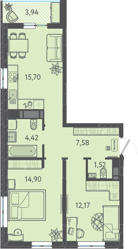 2-комн. 57.5 м²