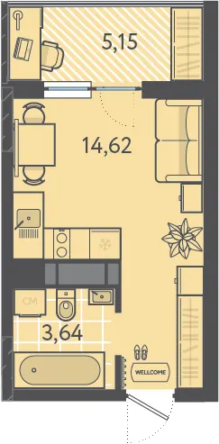 Студия 21.1 м²
