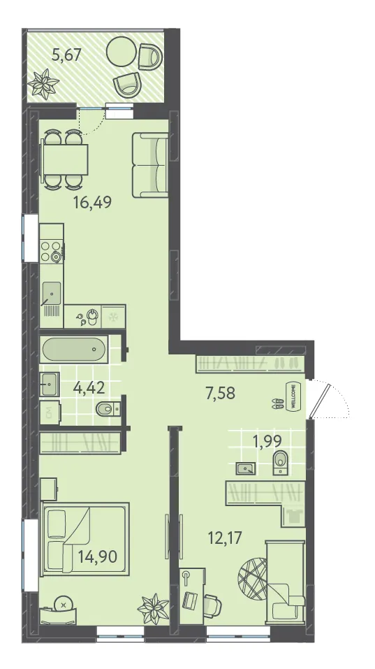 2-комн. 58.6 м²