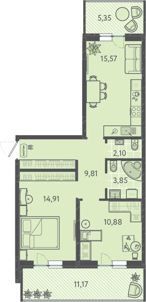 2-комн. 61 м²