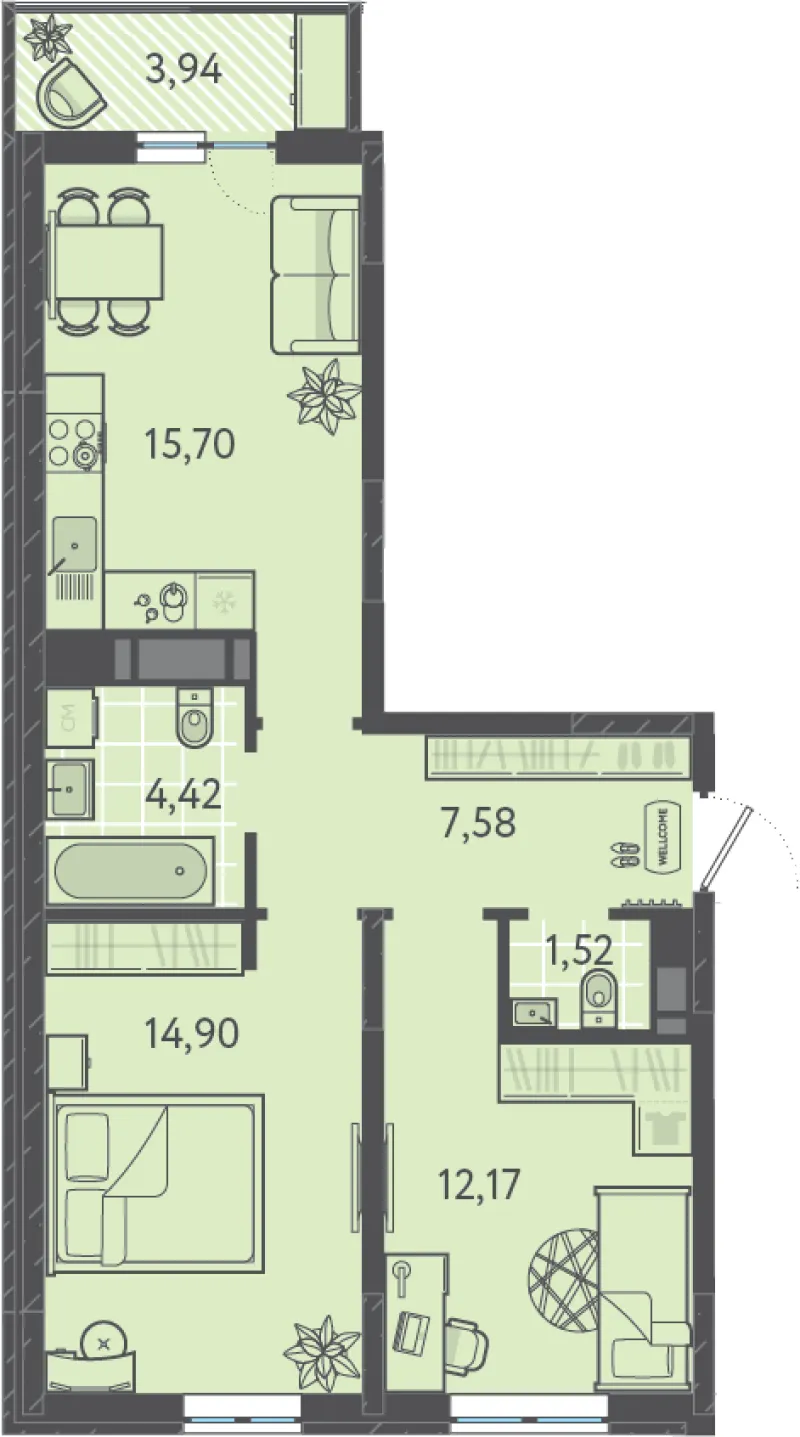 2-комн. 57.3 м²