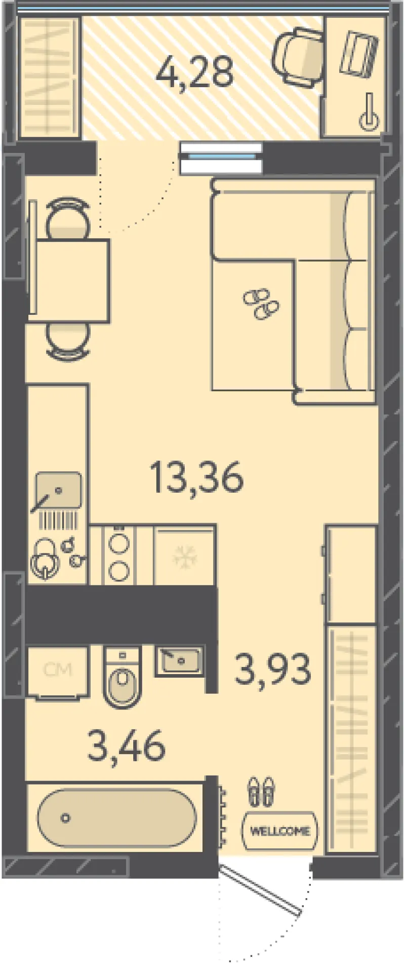 Студия 21.8 м²