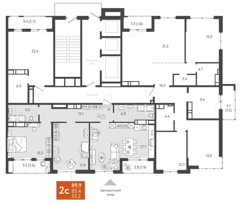 2-комн. 89 м²