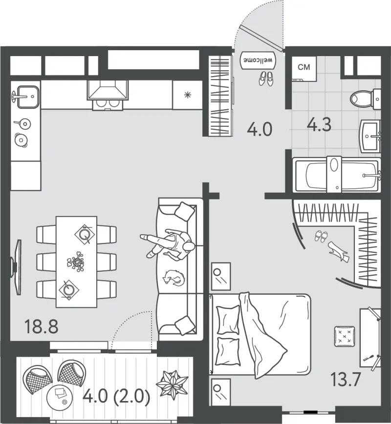 1-комн. 42 м²